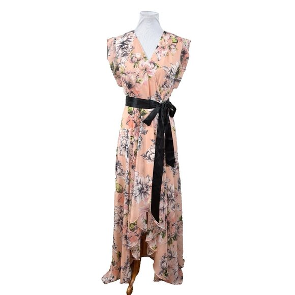Eliza J Maxi Dress Women Size 6 Light Orange Floral Ruffle Hi-Lo Belted EJ87617 - Picture 1 of 8